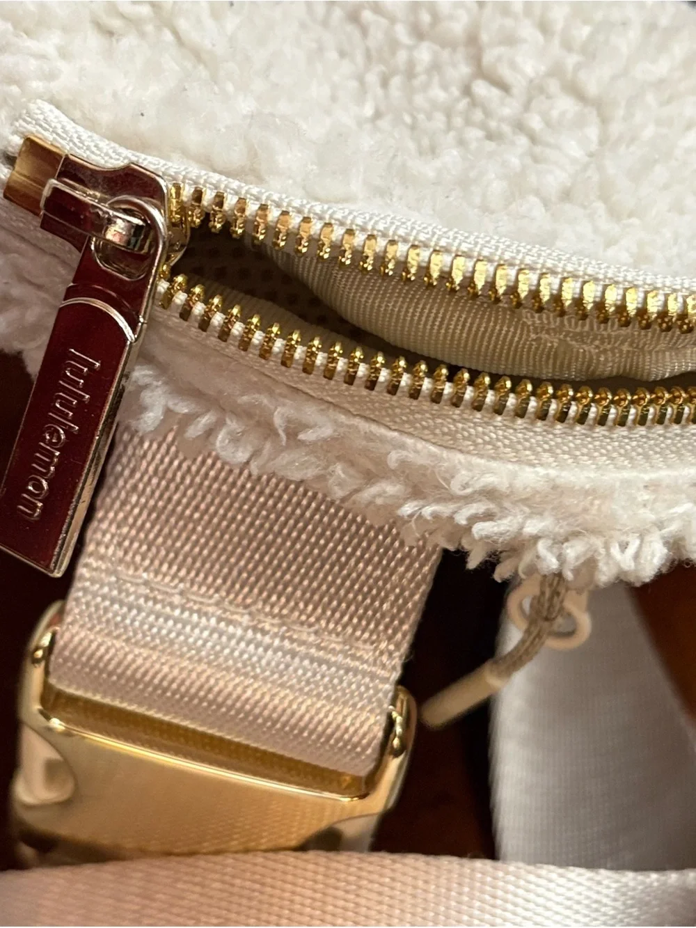 lululemon athletica Cream Sherpa Crossbody Belt Bag with Gold Accent